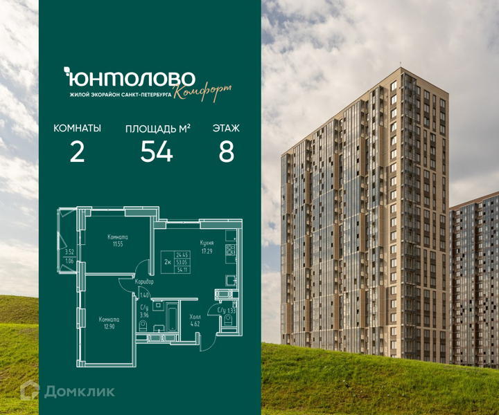 Планировка: 2 комнаты · 54 м²