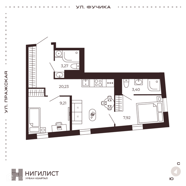 Планировка квартиры: 2 комнаты · 44,03 м²