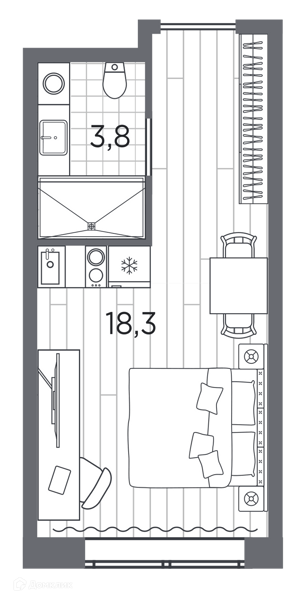 Планировка квартиры: Студия · 22,1 м²
