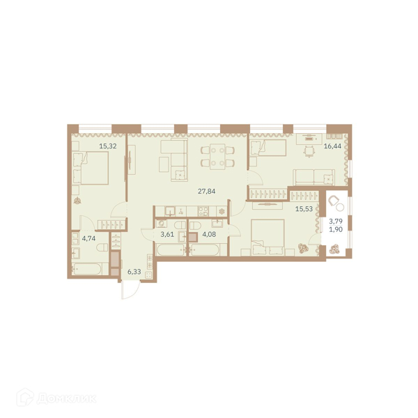 Планировка: 3 комнаты · 96,5 м²