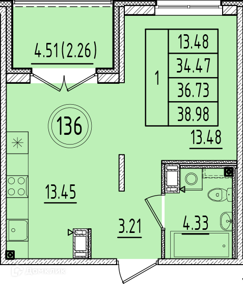 Планировка: 1 комната · 34,47 м²