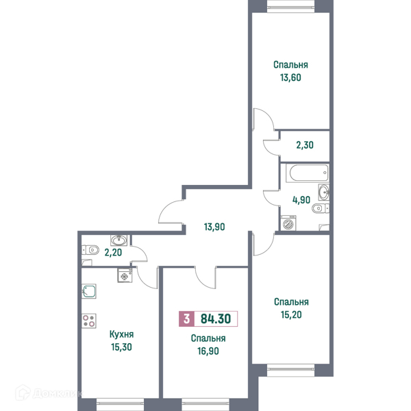 Планировка: 3 комнаты · 84,3 м²