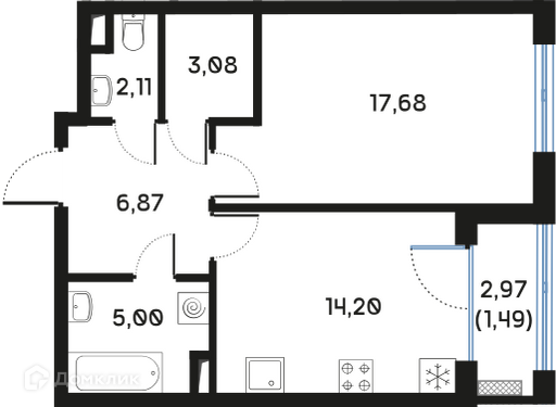 Планировка: 1 комната · 50,56 м²