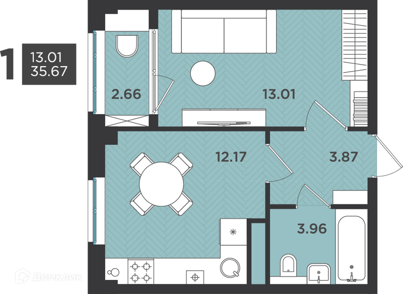 Планировка квартиры: 1 комната · 35,67 м²