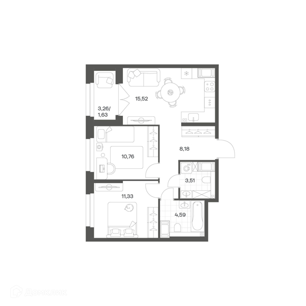 Планировка: 2 комнаты · 55,52 м²