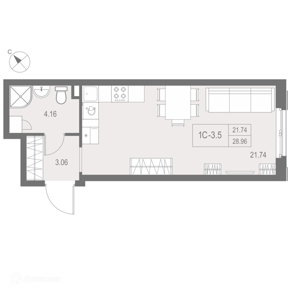 Планировка: Студия · 28,7 м²