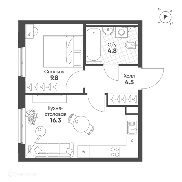Планировка: 1 комната · 35,4 м²