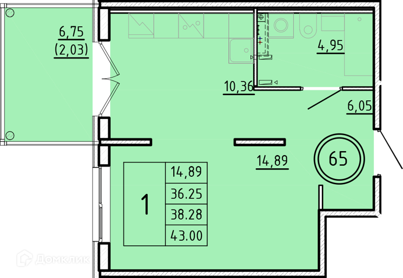 Планировка: 1 комната · 36,25 м²
