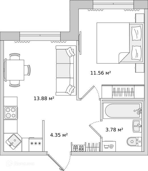 Планировка: 1 комната · 33,57 м²