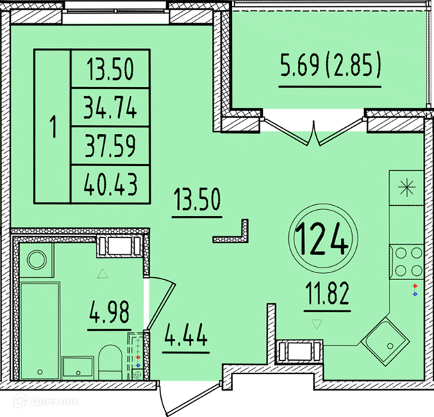 Планировка: 1 комната · 34,74 м²