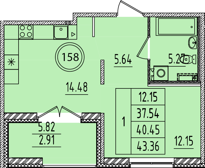 Планировка: 1 комната · 37,54 м²
