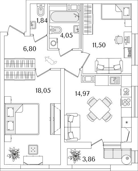 Планировка: 2 комнаты · 59,2 м²