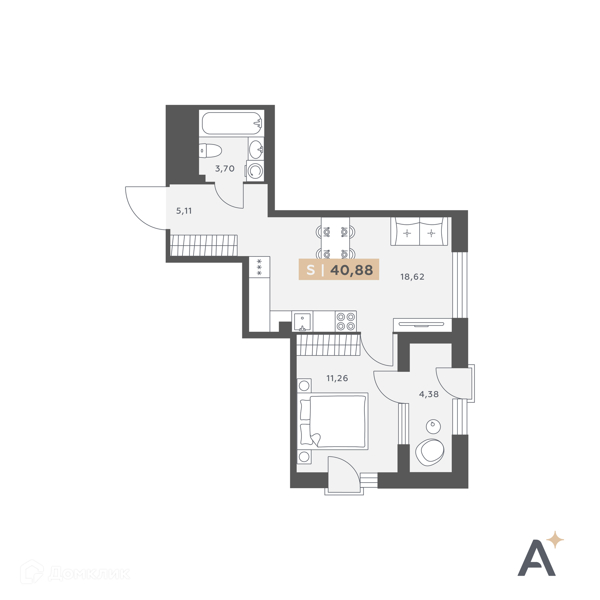 Планировка: 1 комната · 40,88 м²