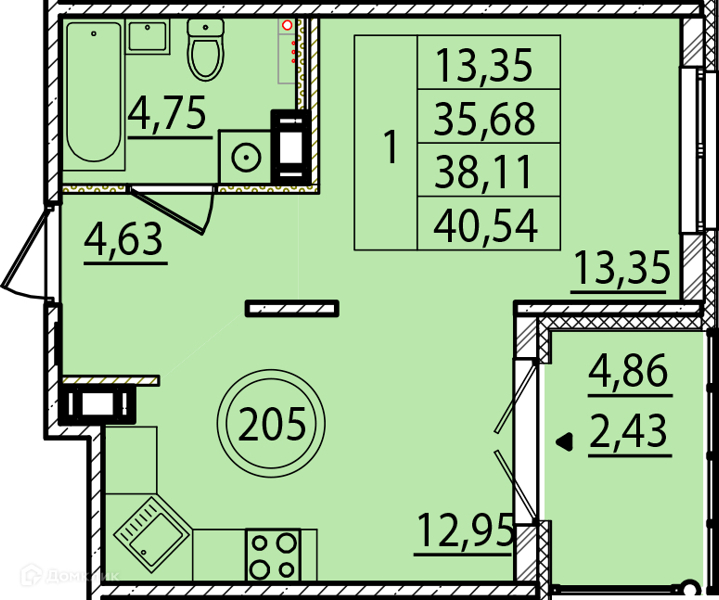 Планировка: 1 комната · 35,68 м²
