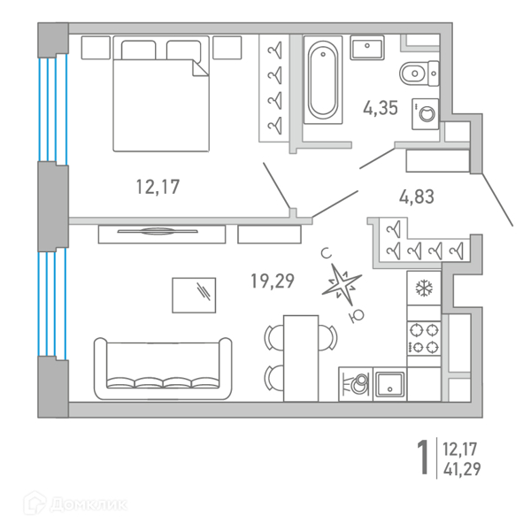 Планировка квартиры: 1 комната · 41,32 м²