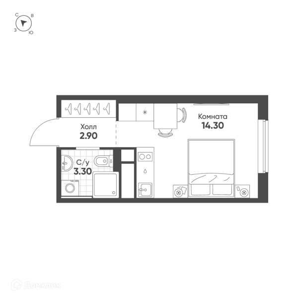 Планировка: Студия · 19,9 м²