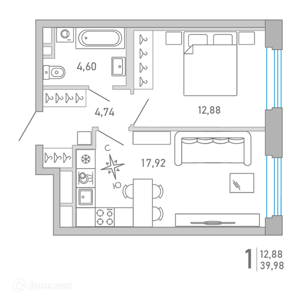 Планировка: 1 комната · 39,98 м²