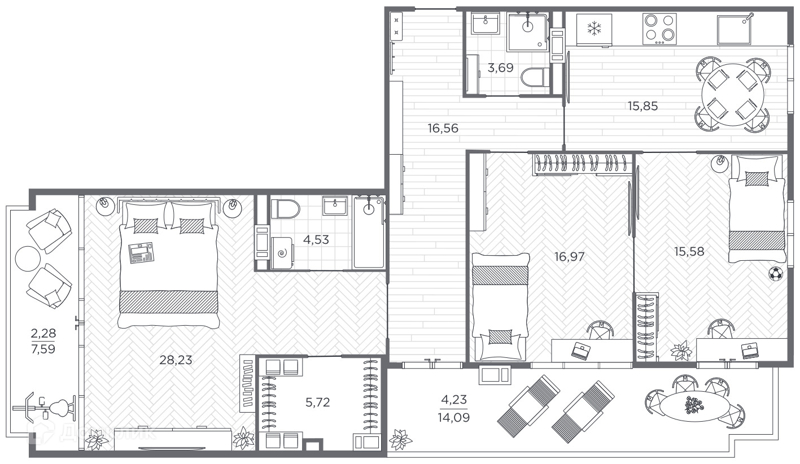 Планировка квартиры: 3 комнаты · 129,4 м²