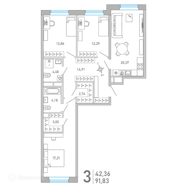 Планировка: 3 комнаты · 91,33 м²