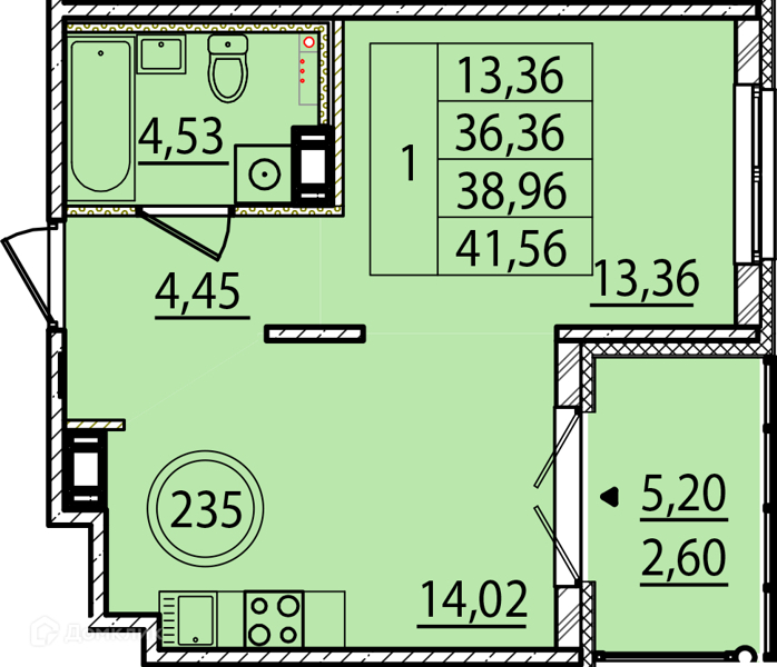 Планировка: 1 комната · 36,36 м²