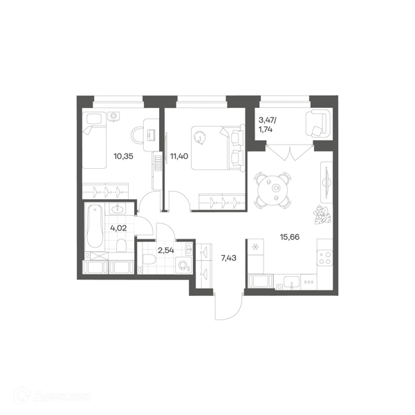 Планировка: 2 комнаты · 53,14 м²