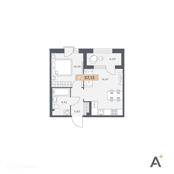 Планировка: 1 комната · 37,12 м²