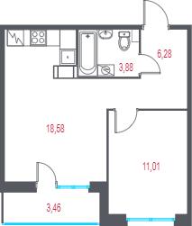 Планировка: 1 комната · 41,48 м²