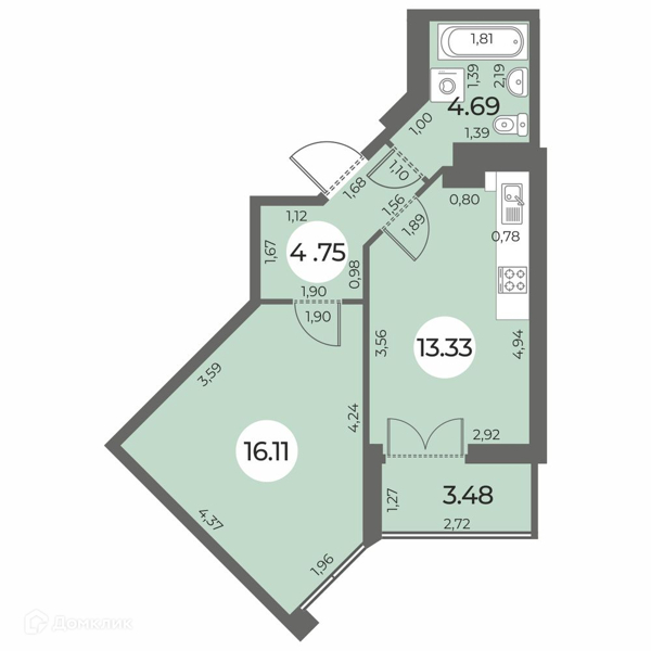 Планировка квартиры: 1 комната · 40,62 м²