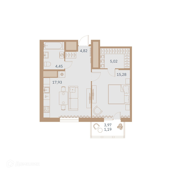 Планировка: 1 комната · 49,5 м²