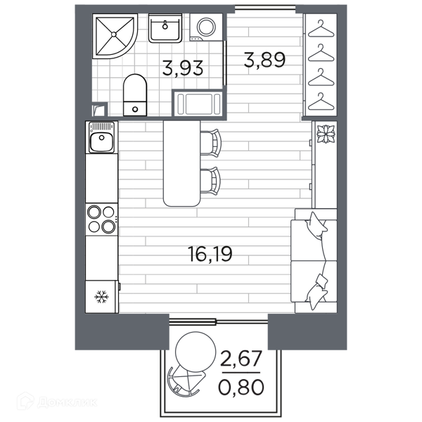 Планировка квартиры: Студия · 24,81 м²