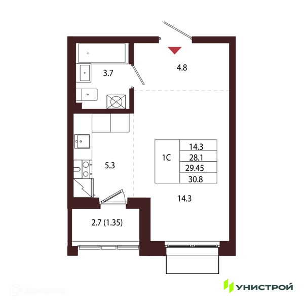 Планировка: Студия · 29,45 м²