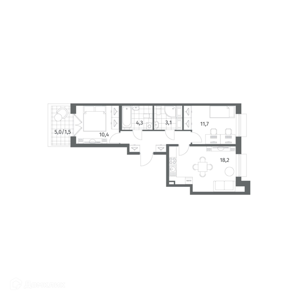 Планировка: 2 комнаты · 56,6 м²