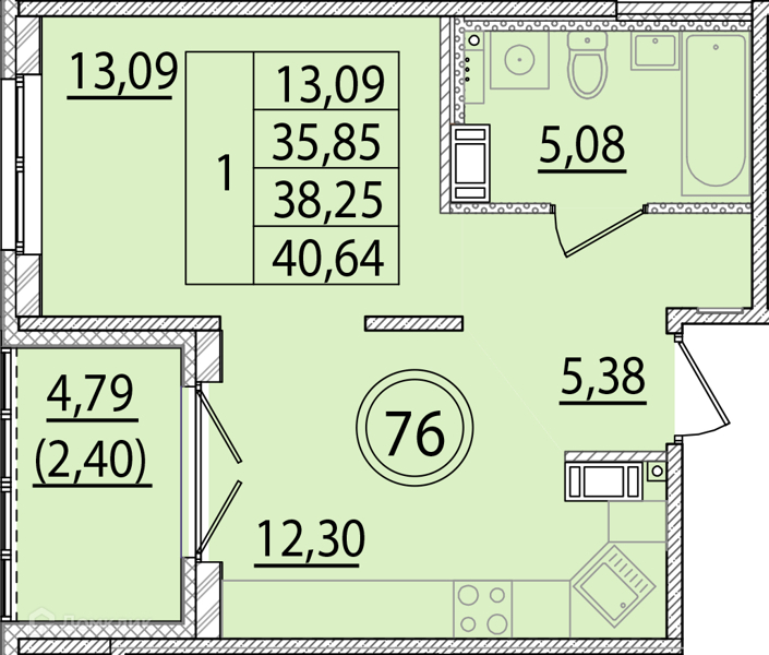 Планировка: 1 комната · 35,85 м²