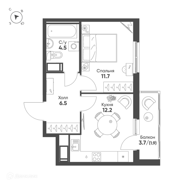 Планировка: 1 комната · 36,8 м²