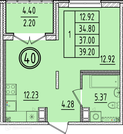 Планировка: 1 комната · 34,8 м²