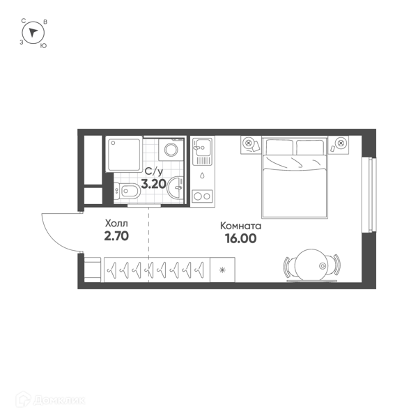 Планировка: Студия · 21,9 м²