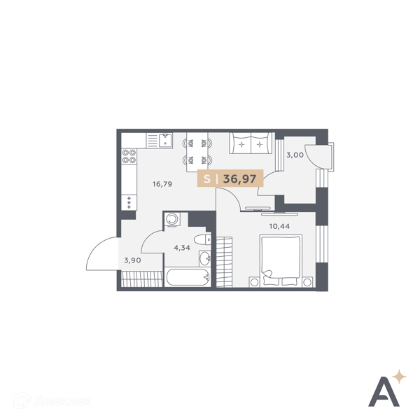 Планировка: 1 комната · 36,97 м²