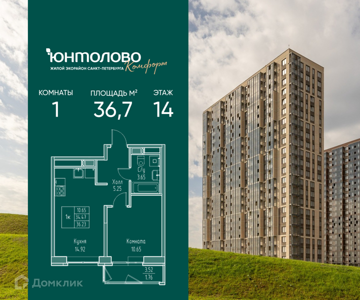 Планировка квартиры: 1 комната · 36,7 м²