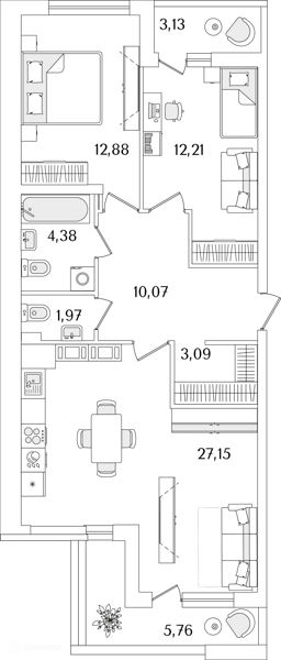 Планировка: 2 комнаты · 75,4 м²