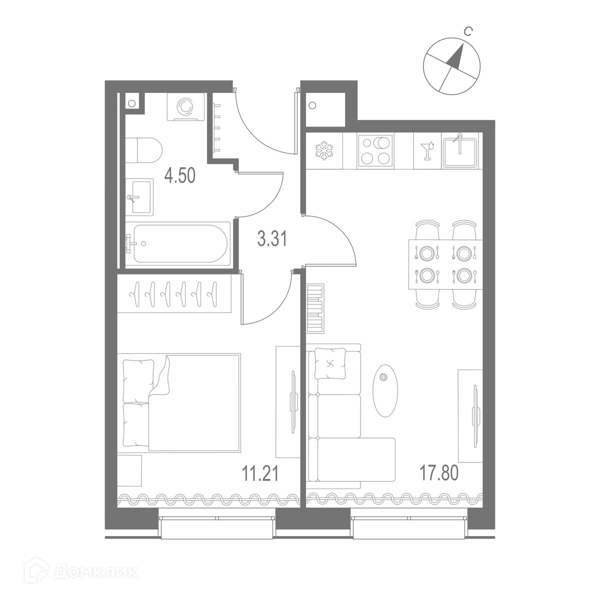 Планировка: 1 комната · 36,82 м²