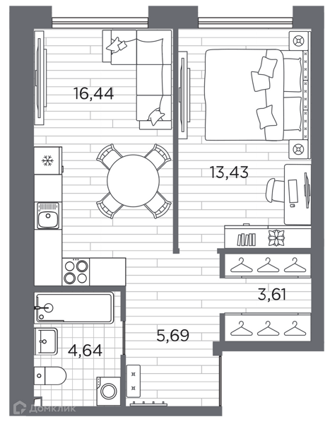 Планировка: 1 комната · 43,81 м²
