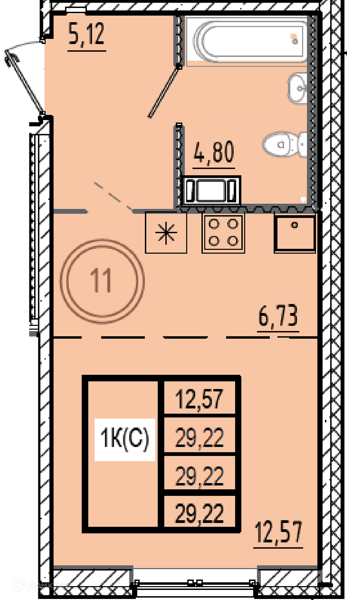 Планировка квартиры: Студия · 29,22 м²