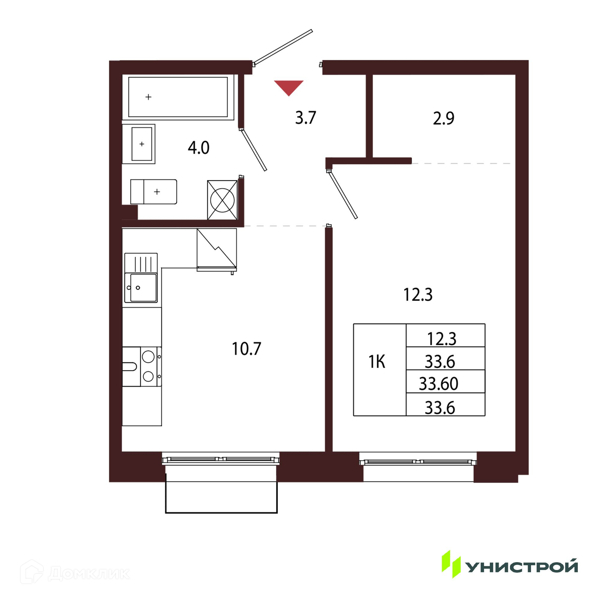 Планировка: 1 комната · 33,6 м²