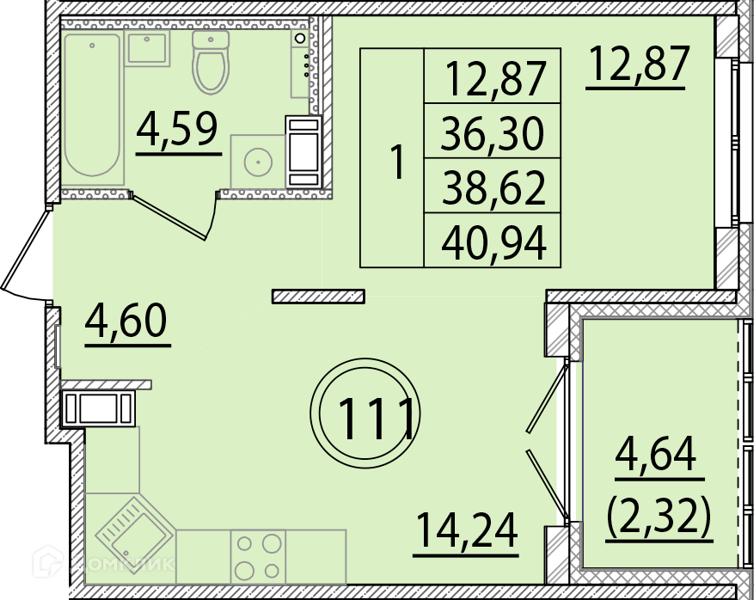 Планировка: 1 комната · 36,3 м²
