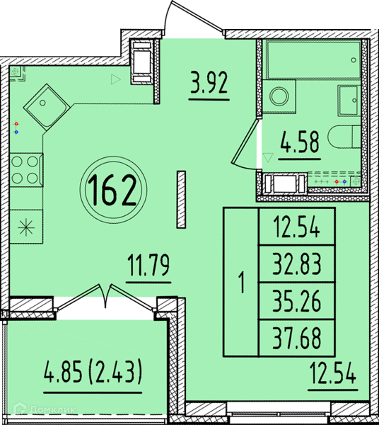 Планировка: 1 комната · 32,83 м²
