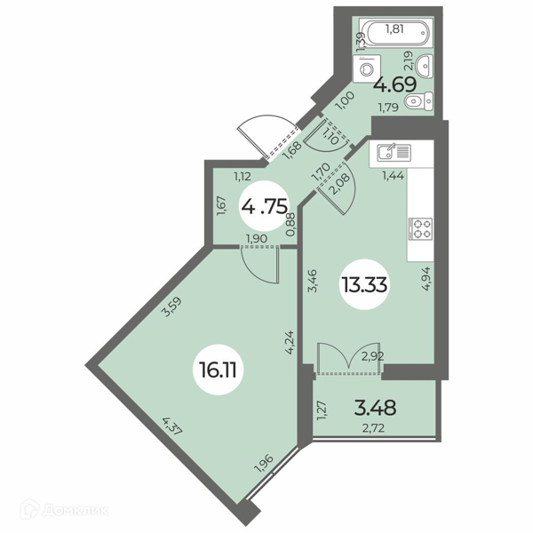 Планировка: 1 комната · 40,62 м²