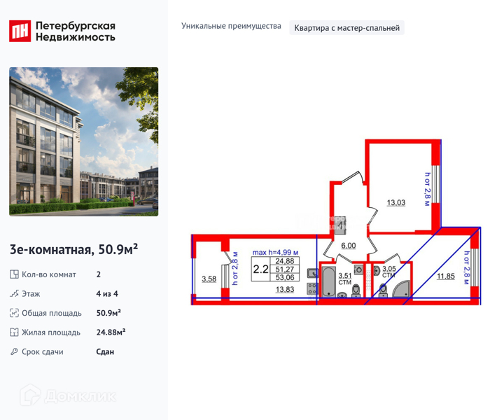 Планировка: 2 комнаты · 50,9 м²