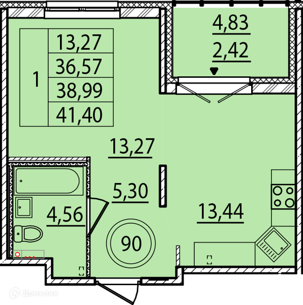 Планировка: 1 комната · 36,57 м²