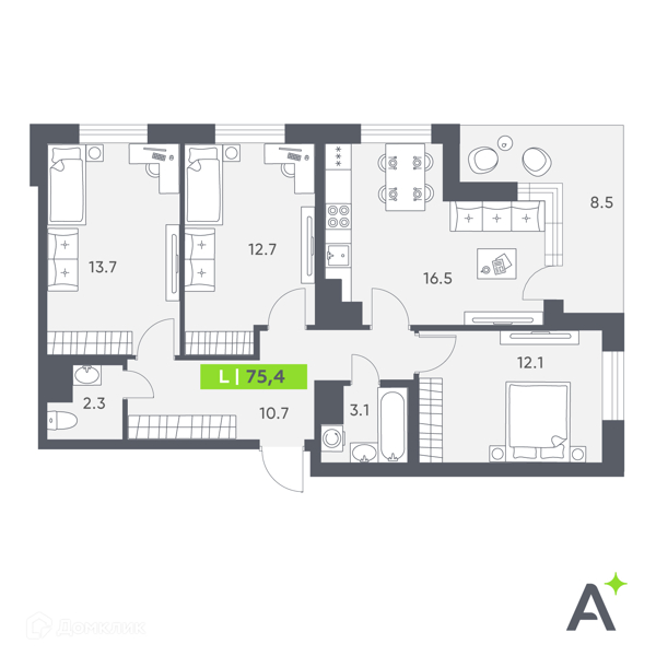 Планировка: 3 комнаты · 75,4 м²