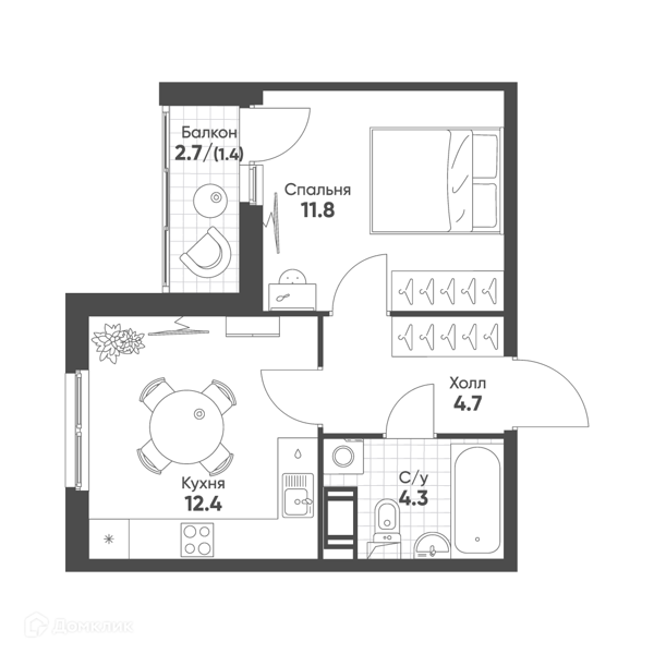 Планировка квартиры: 1 комната · 34,6 м²